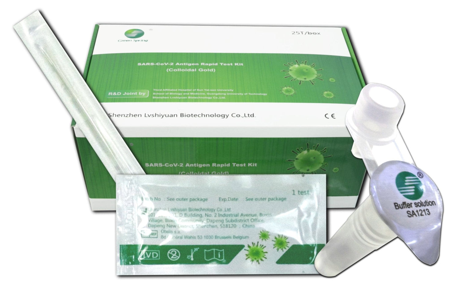 Green Spring® Corona Test 25er 4 in 1 - Profi - Verpackung mit Inhalt im Vordergrund - Nr.1 laut PEI-powered by bagobag