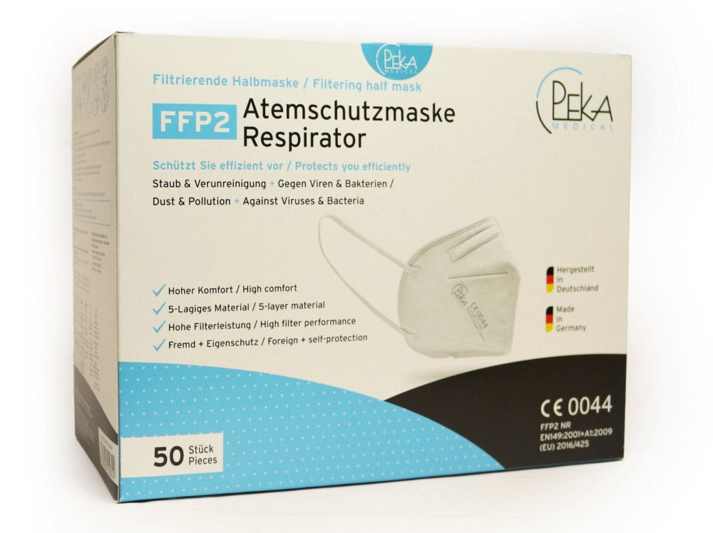 PEKA FFP2 Schutzmaske  Made in Germany, testsieger, 50er, Horizontal aufgestellt von vorne, powered by bagobag GmbH 